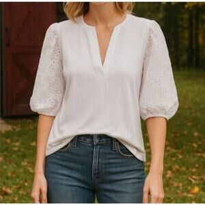 Dolan Ribbed White Eyelet Lace Puff Sleeve Blouse Top Size Large NWOT